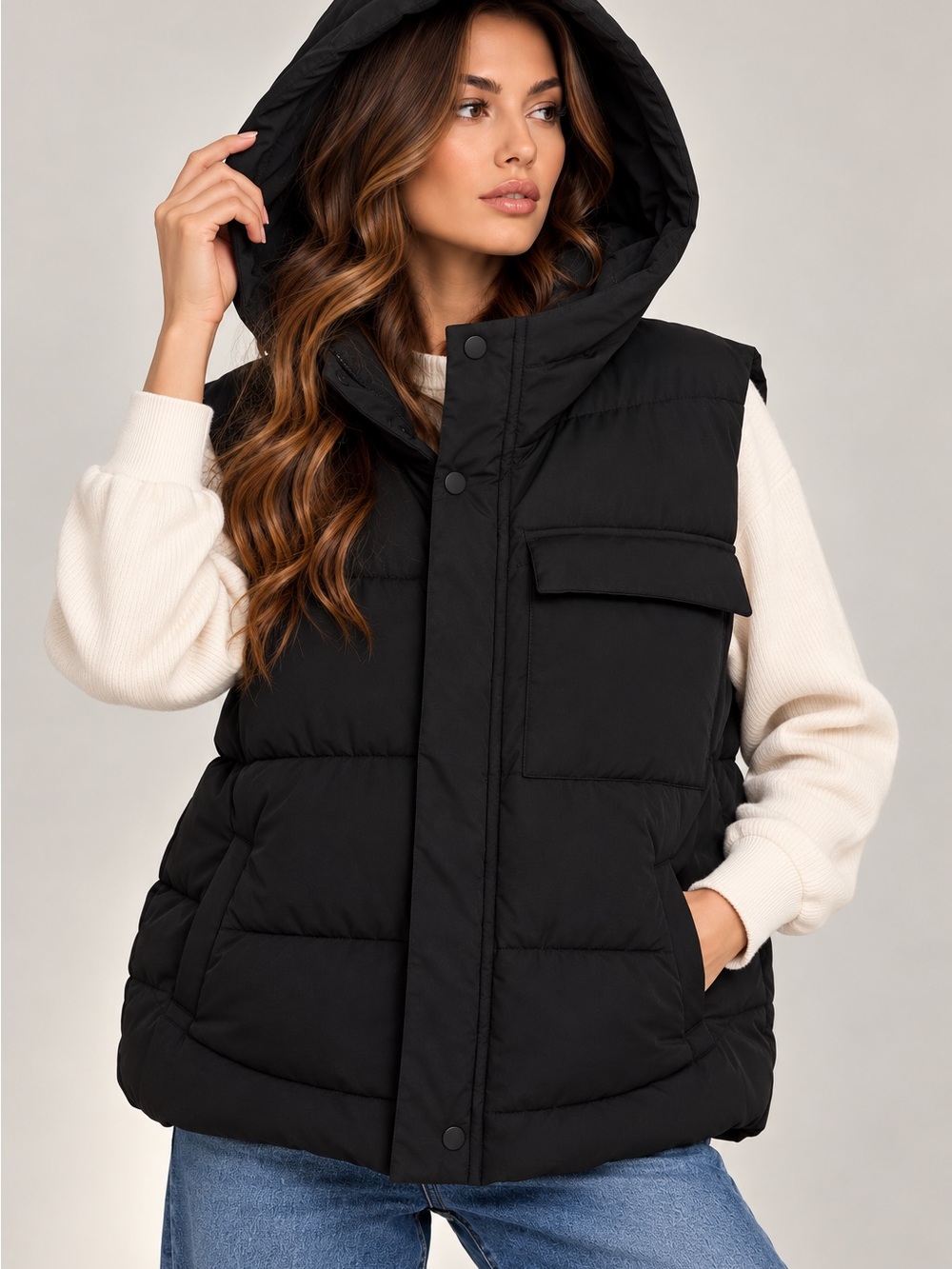 Zara Black Hooded Quilted Puffer Vest